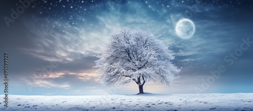 A Snowy Tree in a Snowy Field at Night Generative AI © vinod