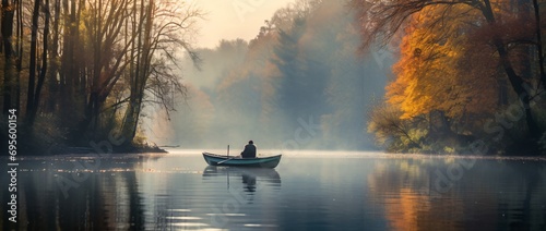 A Man Sitting in a Boat on a Lake Generative AI © vinod