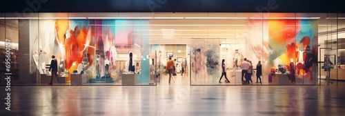 Blurred large storefronts in a shopping center with blurry colorful mannequins and shoppers, banner photo