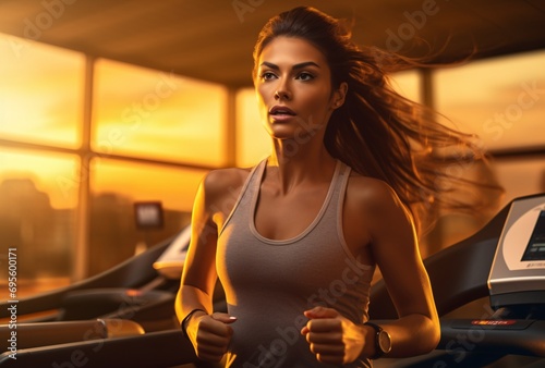 A woman running on a treadmill in a gym Generative AI