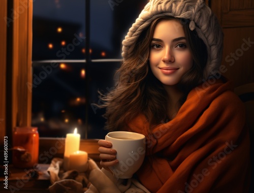 A woman in a knitted hat and scarf, holding a cup of coffee and a candle. Generative AI