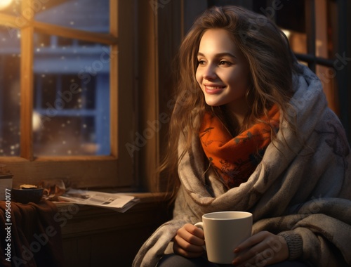A woman sitting by the window, smiling and holding a cup of coffee Generative AI