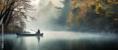 A person in a boat on a foggy day Generative AI © vinod