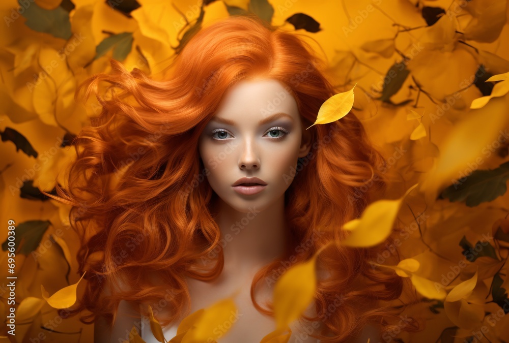 A woman with red hair and a white dress, surrounded by yellow leaves. Generative AI A woman with red hair and a white dress, surrounded by yellow leaves. Generative AI