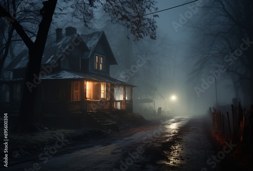 A house with a light on in the window, surrounded by trees and fog Generative AI