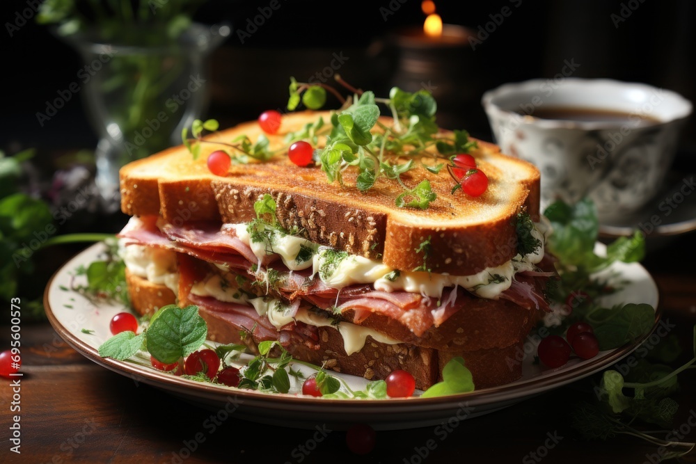 a close up of a sandwich on a plate on a table with a cup of coffee and a vase of flowers in the background and a candle in the background. a close up of a sandwich on a plate on a table with a cup of coffee and a vase of flowers in the background and a candle in the background.