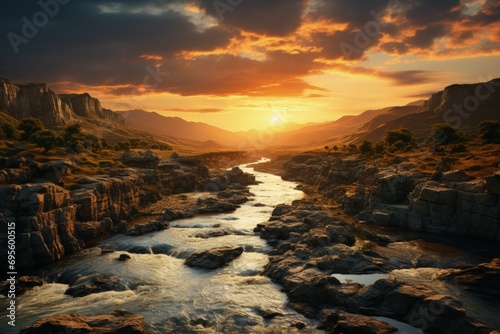 Majestic River Sunset: A breathtaking view of a river winding through rugged terrain at sunset, with dramatic clouds and warm light reflecting off the water