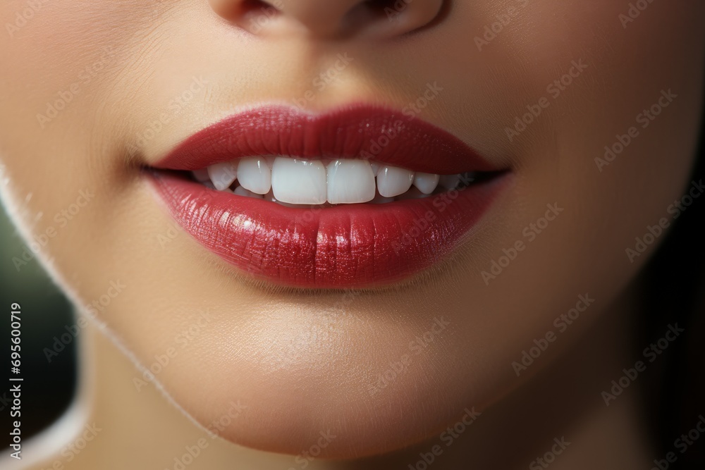 Fototapeta premium Perfect Red Lips Close-Up: A close-up of a woman's perfectly shaped red lips and white teeth, exuding allure, beauty, and confidence. 