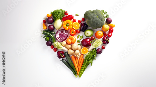 Fundo branco com diversos legumes formando um coração, mostrando a importância dos alimentos para uma boa nutrição e para saúde. photo