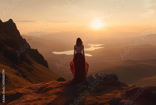 A woman in a red dress standing on a hill overlooking a lake at sunset Generative AI