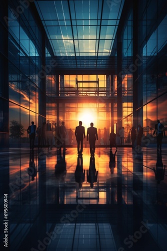 A group of business people walking down a hallway during sunset Generative AI
