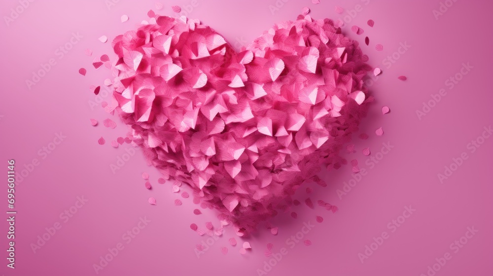  a heart made out of pink paper hearts on a pink background with confetti on the corner of the heart.