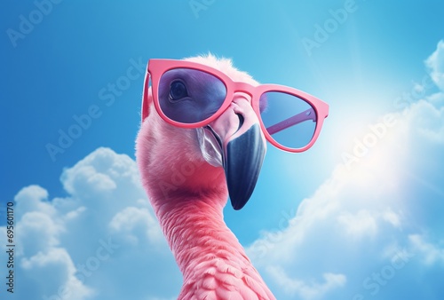Pink Flamingo with Pink Sunglasses and a Blue Sky Background Generative AI