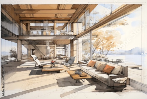 Modern Home Design with Large Windows and Comfortable Furniture Generative AI