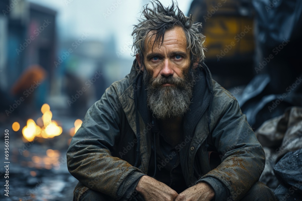 Weary man in ruins, evocative stare, suggesting survival and despair in a post-apocalyptic setting. Weary man in ruins, evocative stare, suggesting survival and despair in a post-apocalyptic setting.