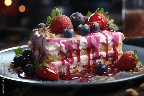 Decadent berry-topped cake on plate, oozing with syrup, conveys indulgence, sweetness, and gourmet delight.