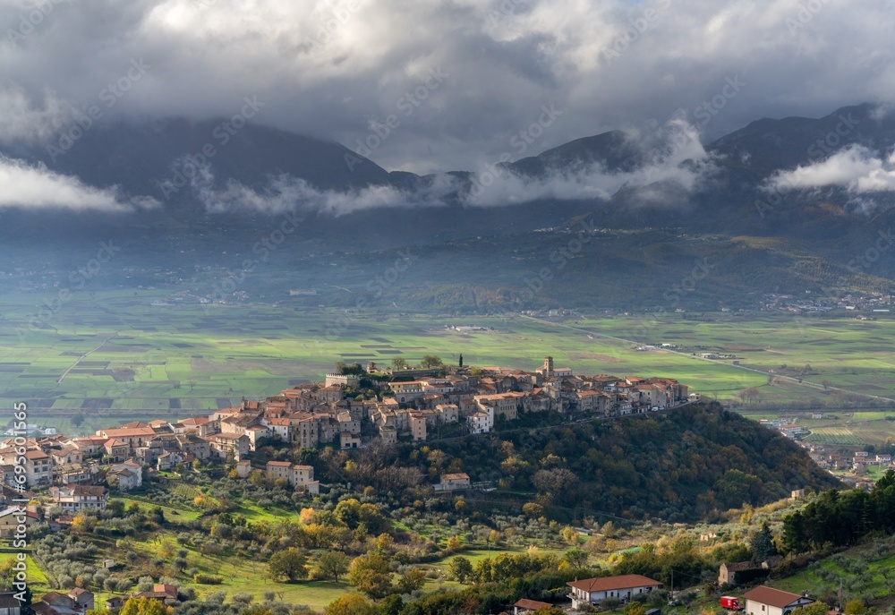 view of the Vallo di Diano with the town of Atena Lucana in the foreground