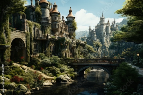  Enchanted Castle by Riverside: Majestic fantasy architecture with lush landscape evokes wonder and magical allure.