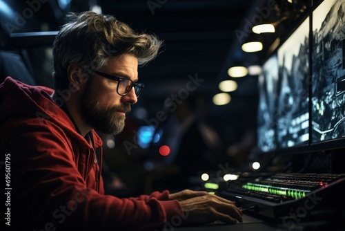 Focused Sound Engineer: Intense concentration in a high-tech studio, crafting audio artistry