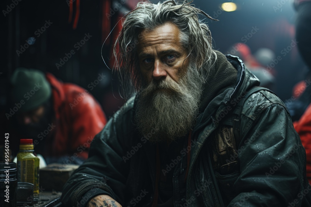 Weathered Man's Stare: Evocative homeless man, deep in thought, gritty urban survival
