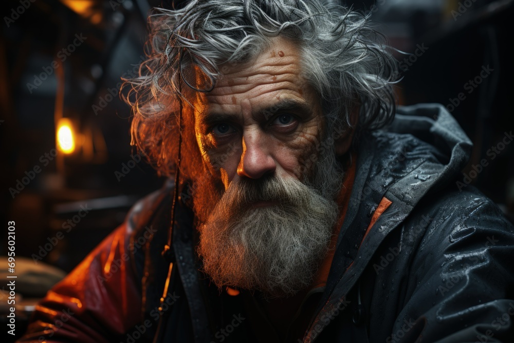 Weathered Wisdom: Close-up of an elderly man's face, his deep-set eyes and rugged beard telling stories of a life rich with experience. Weathered Wisdom: Close-up of an elderly man's face, his deep-set eyes and rugged beard telling stories of a life rich with experience.
