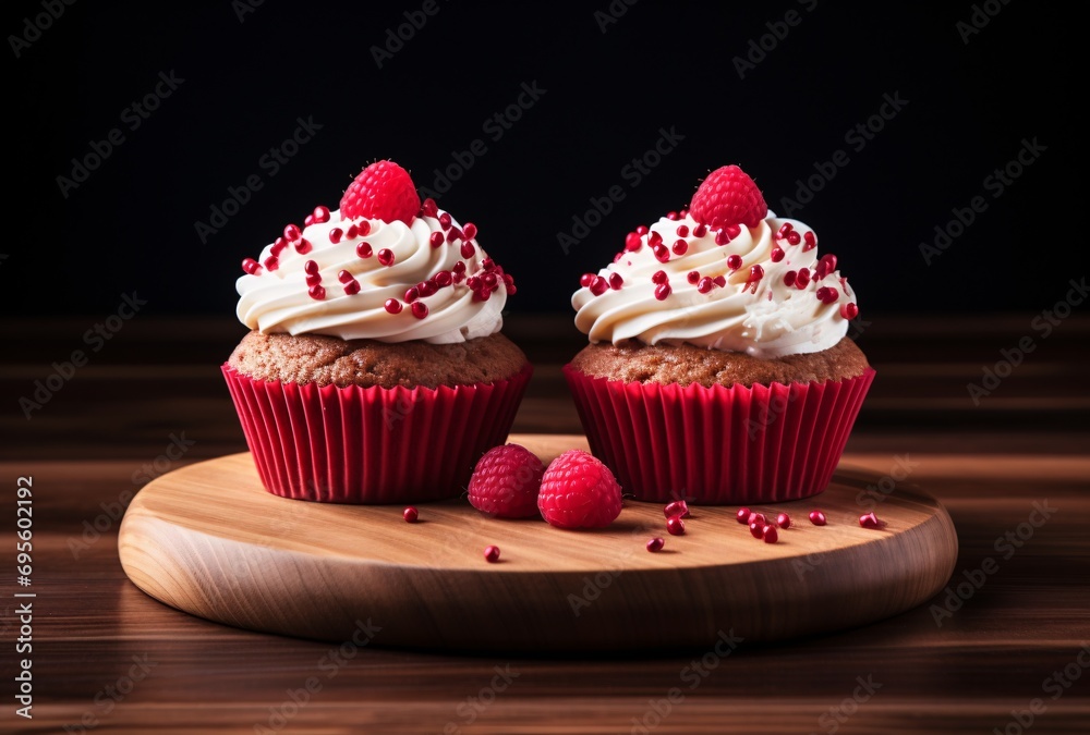 Two Raspberry Cupcakes with Raspberries on a Wooden Cutting Board Generative AI