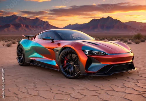 a modern sports car against a desert backdrop