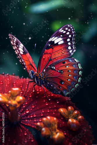 a mesmerizing close-up of a butterfly perched delicately on a dew-covered flower created with Generative Ai