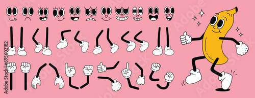 Set of 70s groovy comic faces vector. Collection of cartoon character faces, leg, hand in different emotions happy, angry, sad, cheerful. Cute retro groovy hippie illustration for decorative, sticker