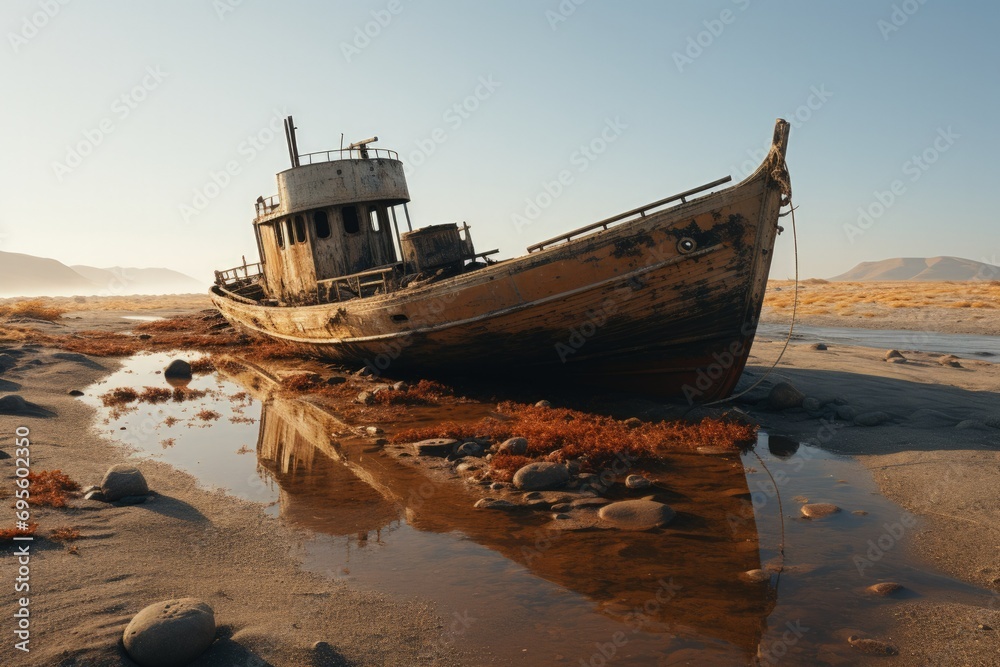 Abandoned Seaside Relic: A beached fishing boat under a calm sky, representing loss and the passage of time in a coastal landscape Abandoned Seaside Relic: A beached fishing boat under a calm sky, representing loss and the passage of time in a coastal landscape