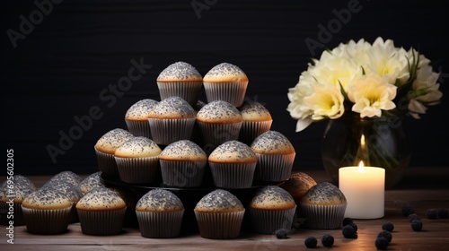 A stack of muffins with a flower in the background Generative AI