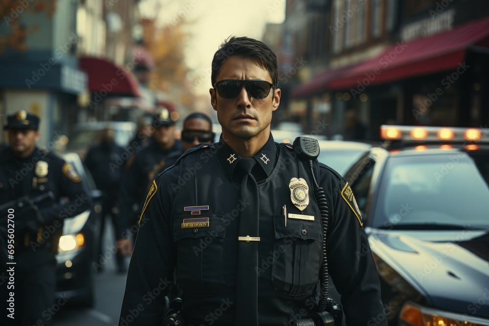 Stern Law Enforcer on Duty: A focused policeman in uniform stands authoritatively on a city street, embodying law, order, and public safety. Stern Law Enforcer on Duty: A focused policeman in uniform stands authoritatively on a city street, embodying law, order, and public safety.