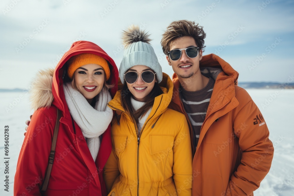 Winter Friendship: A trio of friends in colorful winter attire beam with joy against a snowy backdrop, embodying the warmth of friendship in cold weather. Winter Friendship: A trio of friends in colorful winter attire beam with joy against a snowy backdrop, embodying the warmth of friendship in cold weather.