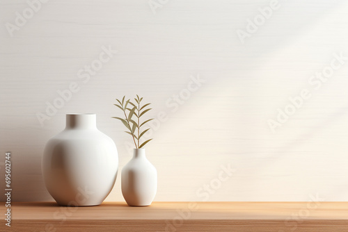 A clean, white ceramic vase mockup, with a sleek design, on a wooden shelf with soft backlighting.