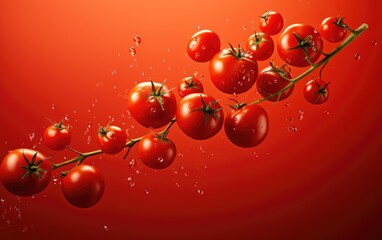 Lots of fresh tomatoes fly on red background