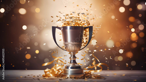 championship cup or winner trophy in golden and silver shiny chrome with celebration confetti and ribbon decoration as wide banner with copy space area 