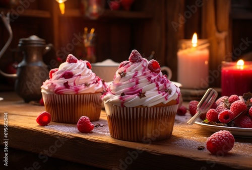 Two cupcakes with raspberries and whipped cream on a wooden table Generative AI