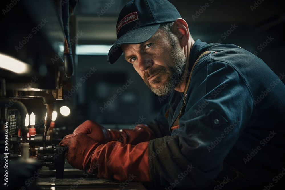 Skilled Mechanic in Workshop - Precision and Expertise: An experienced mechanic peers intently at his work, reflecting skill, concentration, and the art of craftsmanship.