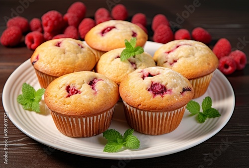 A plate of freshly baked muffins with berries and mint leaves Generative AI