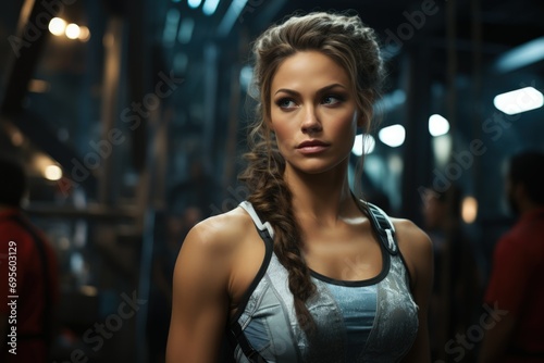 Fitness Focus - Steely Determination in the Gym: A woman with a resolute gaze, showcasing determination and strength amidst a gym's charged atmosphere.