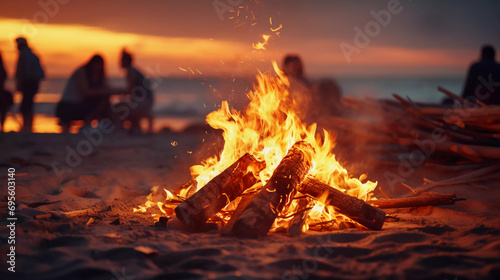 closeup of a bonfire in front of the beach on a nice evening with young people enjoying life 