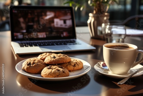  a plate of cookies on a table next to a cup of coffee and a laptop on a table with a vase of flowers and a cup of coffee in the background.