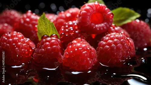  a close up of a bunch of raspberries with a leaf on top of the other raspberries.