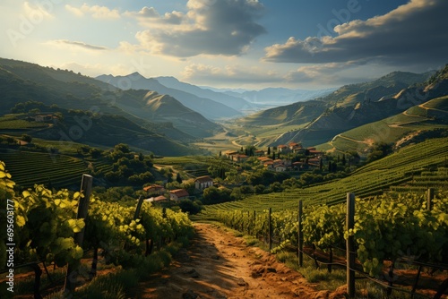 Vineyard Valley at Dawn - Serenity and Abundance: Sun-kissed vineyards stretch into a valley, symbolizing growth, serenity, and nature's bountiful gifts.