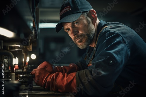 Skilled Mechanic in Workshop - Precision and Expertise: An experienced mechanic peers intently at his work, reflecting skill, concentration, and the art of craftsmanship. © ZenOcean_DigitalArts