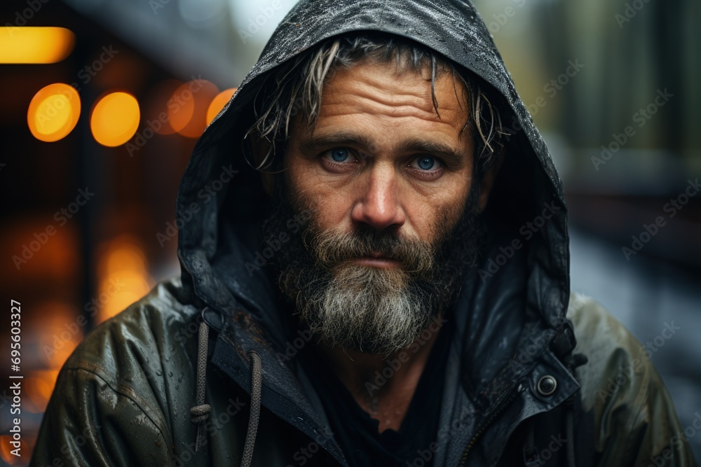 Intense Gaze of a Rugged Man: A close-up of a weathered man in a rain-soaked hoodie, capturing a sense of grit and life's struggles. Intense Gaze of a Rugged Man: A close-up of a weathered man in a rain-soaked hoodie, capturing a sense of grit and life's struggles.