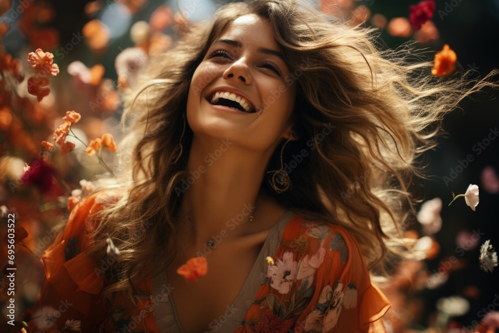 Woman in Bliss: A woman laughs amidst a shower of flowers, her joy and freedom infectious, surrounded by nature's beauty.