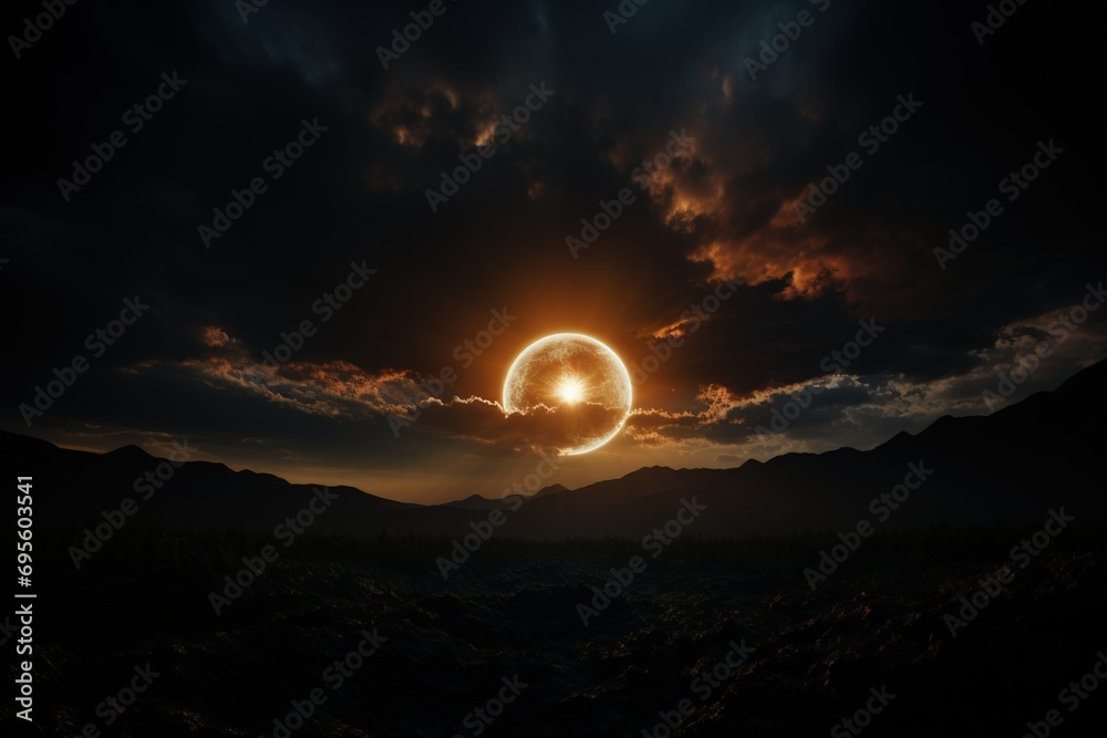 Solar Eclipse Over Mountains: A dramatic solar eclipse casting a halo of light over a rugged mountain range, evoking awe and wonder.