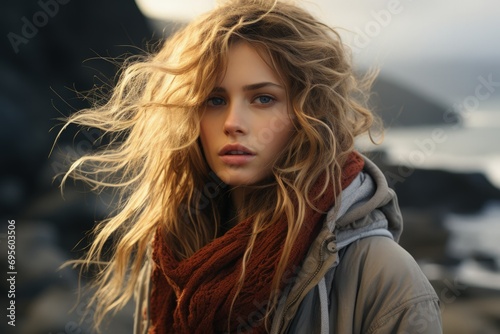 Windswept Blonde Beauty on Beach: A stunning portrait capturing the wild essence of youth and freedom, with a mesmerizing gaze that speaks of deep contemplation and a touch of melancholy.