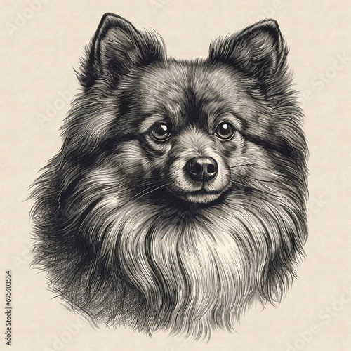 Spitz dog, engaving style, close-up portrait, black and white drawing, cute pet  photo